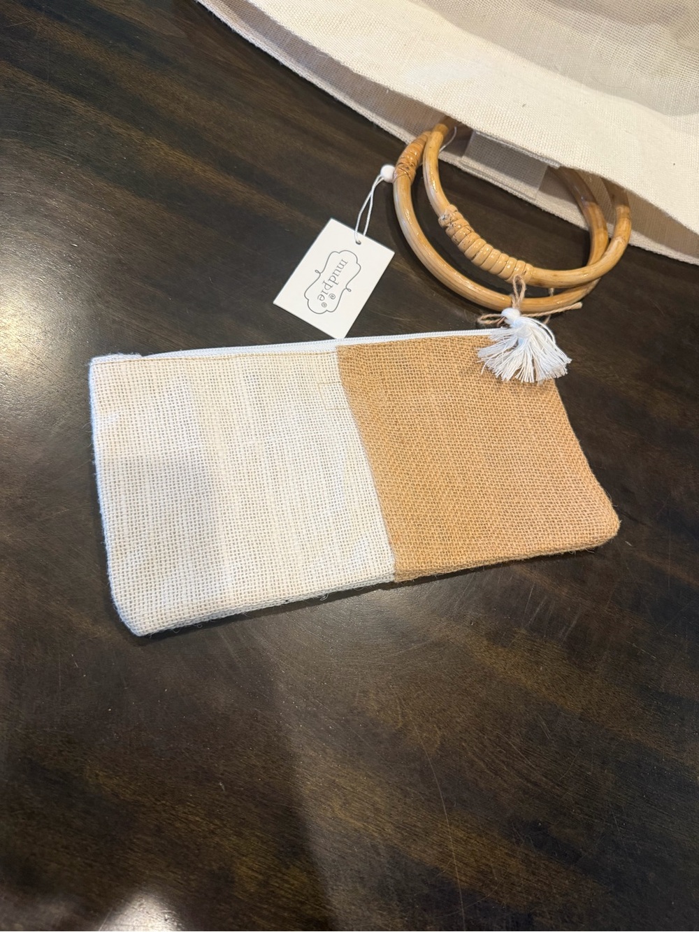 Mud Pie Cream Canvas Tote with Bamboo Ring Handles - Picture 6 of 7